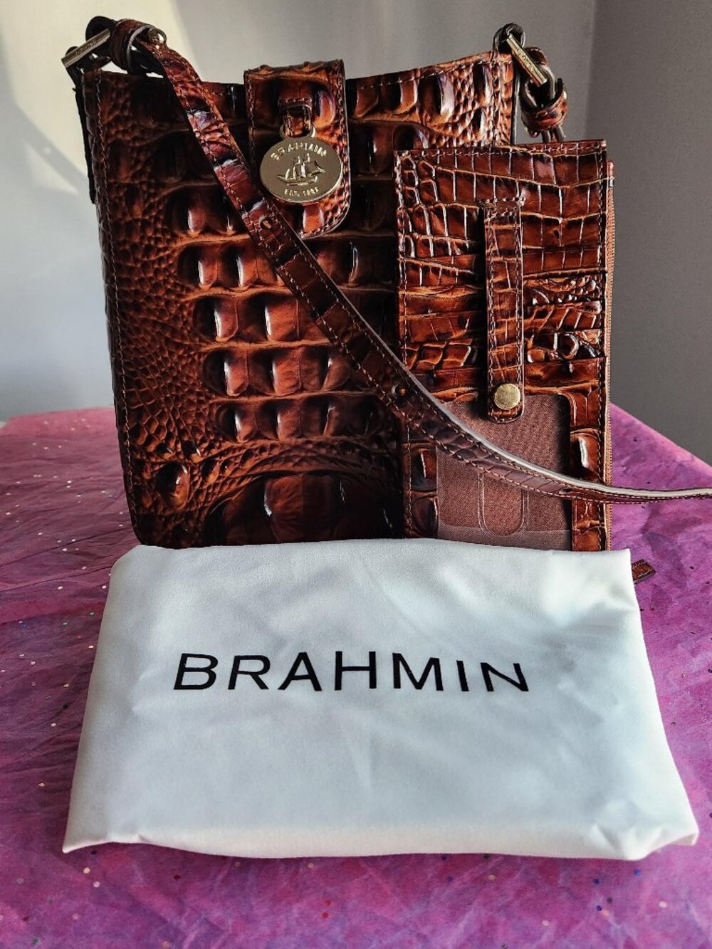 Brahmin Marley Pecan Melbourne Crossbody 3pc set EUC